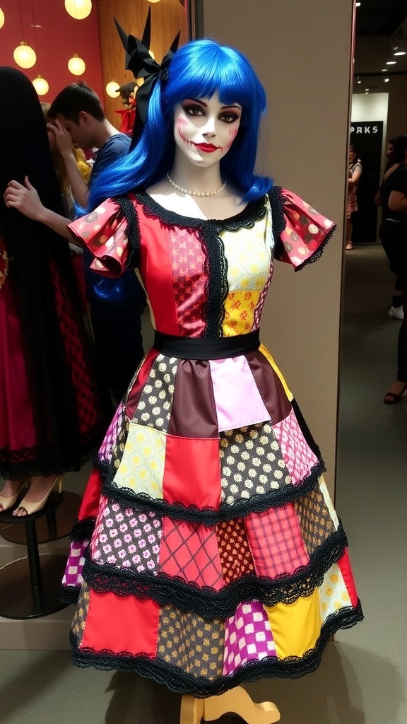 Sally-inspired patchwork dress on a mannequin with blue wig and character makeup.